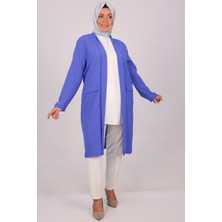 Eslina 33047 Büyük Beden Burbery Krep Düğmesiz Uzun Ceket-Indigo