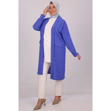 Eslina 33047 Büyük Beden Burbery Krep Düğmesiz Uzun Ceket-Indigo