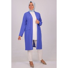 Eslina 33047 Büyük Beden Burbery Krep Düğmesiz Uzun Ceket-Indigo