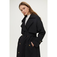 Manuka Düğmeli Kruvaze Trençkot Siyah