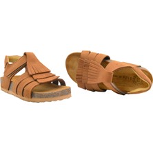 Kids A More Luve Tek Cırtlı Püsküllü  Deri Çocuk Sandalet Taba