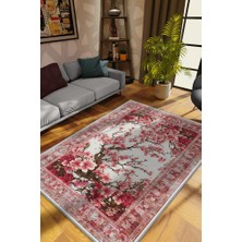 Homshtag Art Deco Bahar Çiçekleri Vintage Halı Görünümlü Dijital Baskı Pembe Halı,Rustik Çiçekli Halı