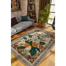 Homshtag Art Deco Yasemin Çiçeği Vintage Halı Görünümlü Dijital Baskı Renkli Halı,Rustik Çiçek Halı