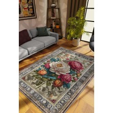 Homshtag Art Deco Şakayık Çiçeği Vintage Halı Görünümlü Dijital Baskı Renkli Halı Rustik Çiçek Halı