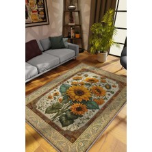 Homshtag Art Deco Ay Çiçeği Vintage Halı Görünümlü Dijital Baskı Çok Renkli Halı,Rustik Çiçekli Halı