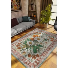 Homshtag Art Deco Papatya Çiçeği Vintage Halı Görünümlü Dijital Baskı Renkli Halı,Rustik Çiçekli Halı