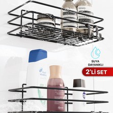 Bino 2li Set Banyo Düzenleyici Şampuanlık Mat Siyah Yapışkanlı 4 Askılı Duş Rafı Paslanmaz Organizer