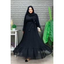 Bym Fashion Piliseli Fırfır Görünümlü Astarlı Şifon Elbise 3404 Siyah