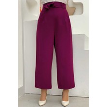 Bym Fashion Büyük Beden Fermuarlı Bel Bağcıklı Pantolon 0174-1 Mor
