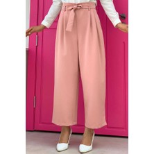 Bym Fashion Büyük Beden Fermuarlı Bel Bağcıklı Pantolon 0174-1 Pudra