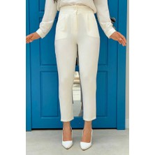 Bym Fashion Büyük Beden Fermuarlı Cep Detaylı Kalem Pantolon 0201-1 Ekru