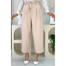 Bym Fashion Büyük Beden Fermuarlı Bel Bağcıklı Pantolon 0174-1 Taş