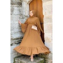 Bym Fashion Piliseli Fırfır Görünümlü Astarlı Şifon Elbise 3404 Taba