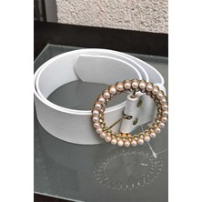 Bym Fashion 9029 İncili Üçgen Kemer Ekru