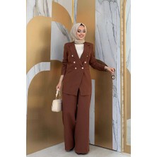 Bym Fashion Bym Düğme Detay Blazer Ceket Bol Pantolon Takım 8302 Kahverengi