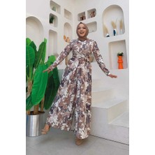 Bym Fashion Göğüs Kısmı Gizli Düğmeli Bel Kuşaklı Baskı Desenli Tulum 3486 Taş