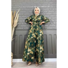 Bym Fashion Göğüs Kısmı Gizli Düğmeli Bel Kuşaklı Baskı Desenli Tulum 3486 Zümrüt