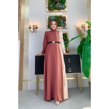 Bym Fashion Üç Renkli Bel Kemer Pilise Detay Elbise 3622 Gül Kurusu
