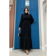Bym Fashion Piliseli Fırfır Görünümlü Bel Kuşaklı Şifon Elbise 3628 Siyah