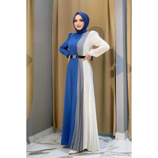 Bym Fashion Üç Renkli Bel Kemer Pilise Detay Elbise 3622 İndigo