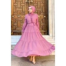Bym Fashion Bym Kat Kat Görünümlü Bel Kuşaklı Fırfırlı Elbise 3495 Pudra