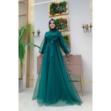 Bym Fashion Bym Omuz Şerit Detay Bel Bağlamalı Tül Abiye Elbise 3964 Zümrüt