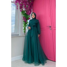 Bym Fashion Bym Omuz Şerit Detay Bel Bağlamalı Tül Abiye Elbise 3964 Zümrüt