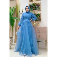 Bym Fashion Bym Omuz Şerit Detay Bel Bağlamalı Tül Abiye Elbise 3964 Indigo