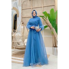 Bym Fashion Bym Omuz Şerit Detay Bel Bağlamalı Tül Abiye Elbise 3964 Indigo