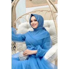 Bym Fashion Bym Omuz Şerit Detay Bel Bağlamalı Tül Abiye Elbise 3964 Indigo