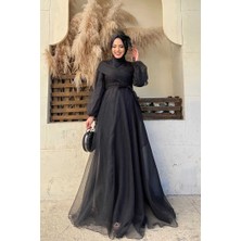 Bym Fashion Omuz Şerit Detay Bel Bağlamalı Tül Abiye Elbise 3964 Siyah