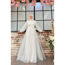 Bym Fashion Omuz Şerit Detay Bel Bağlamalı Tül Abiye Elbise 3964 Ekru