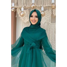 Bym Fashion Bym Omuz Şerit Detay Bel Bağlamalı Tül Abiye Elbise 3964 Zümrüt