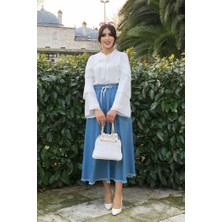 Bym Fashion Bym Omuz Fırfır Görünümlü Yaka Bağlamalı Katlı Kol Detay Bluz 5263 Ekru