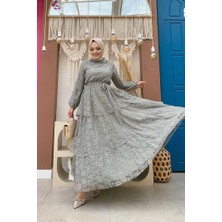 Bym Fashion Dantel Kat Kat Detaylı Kol Manşetleri Lastikli Kuşaklı Astarlı Elbise 3614 Mint