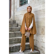 Bym Fashion Bym Pelerinli Düğme Detay Ceket ve Pantolon Takım 8354 Taba