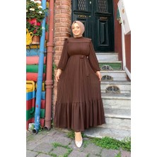 Bym Fashion Piliseli Fırfır Görünümlü Bel Kuşaklı Şifon Elbise 3628 Kahverengi