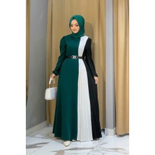 Bym Fashion Üç Renkli Bel Kemer Pilise Detay Elbise 3622 Zümrüt