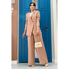 Bym Fashion Bym Düğme Detay Blazer Ceket Bol Pantolon Takım 8302 Vizon