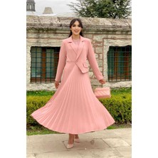 Bym Fashion Ceket Görünümlü Eteği Piliseli Elbise 3700 Pudra