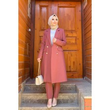 Bym Fashion Cep ve Düğme Görünümlü Uzun Ceket Pantolon Takım 8357 Gül Kurusu