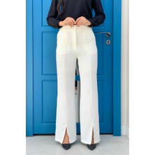 Bym Fashion Fermuarlı Yırtmaç Detaylı Cepli Krep Pantolon 0271 Ekru