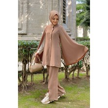 Bym Fashion Bym Pelerinli Düğme Detay Ceket ve Pantolon Takım 8354 Vizon