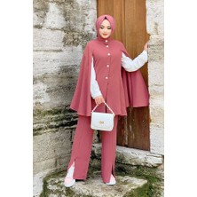 Bym Fashion Bym Pelerinli Düğme Detay Ceket ve Pantolon Takım 8354 Gül Kurusu