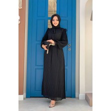 Bym Fashion Piliseli Omuz Kısmı Dantel Görünümlü Yaka Detay Elbise 3726 Siyah