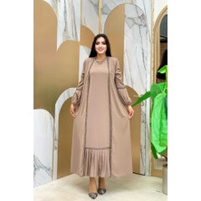 Bym Fashion Taş Detaylı Abaya Sıfır Kol Elbise Takım 3657 Vizon