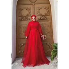 Bym Fashion Omuz Şerit Detay Bel Bağlamalı Tül Abiye Elbise 3964 Kırmızı