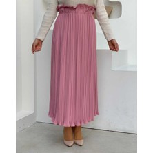 Bym Fashion Kalın Lastikli Piliseli Düz Etek 1143 Pudra