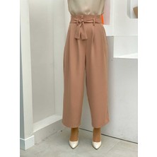 Bym Fashion Fermuarlı Bel Bağcıklı Pantolon 0174 Taba