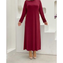 Bym Fashion Düz Bisklet Yaka Uzun Kol İç Sandy Elbise 3202 Bordo